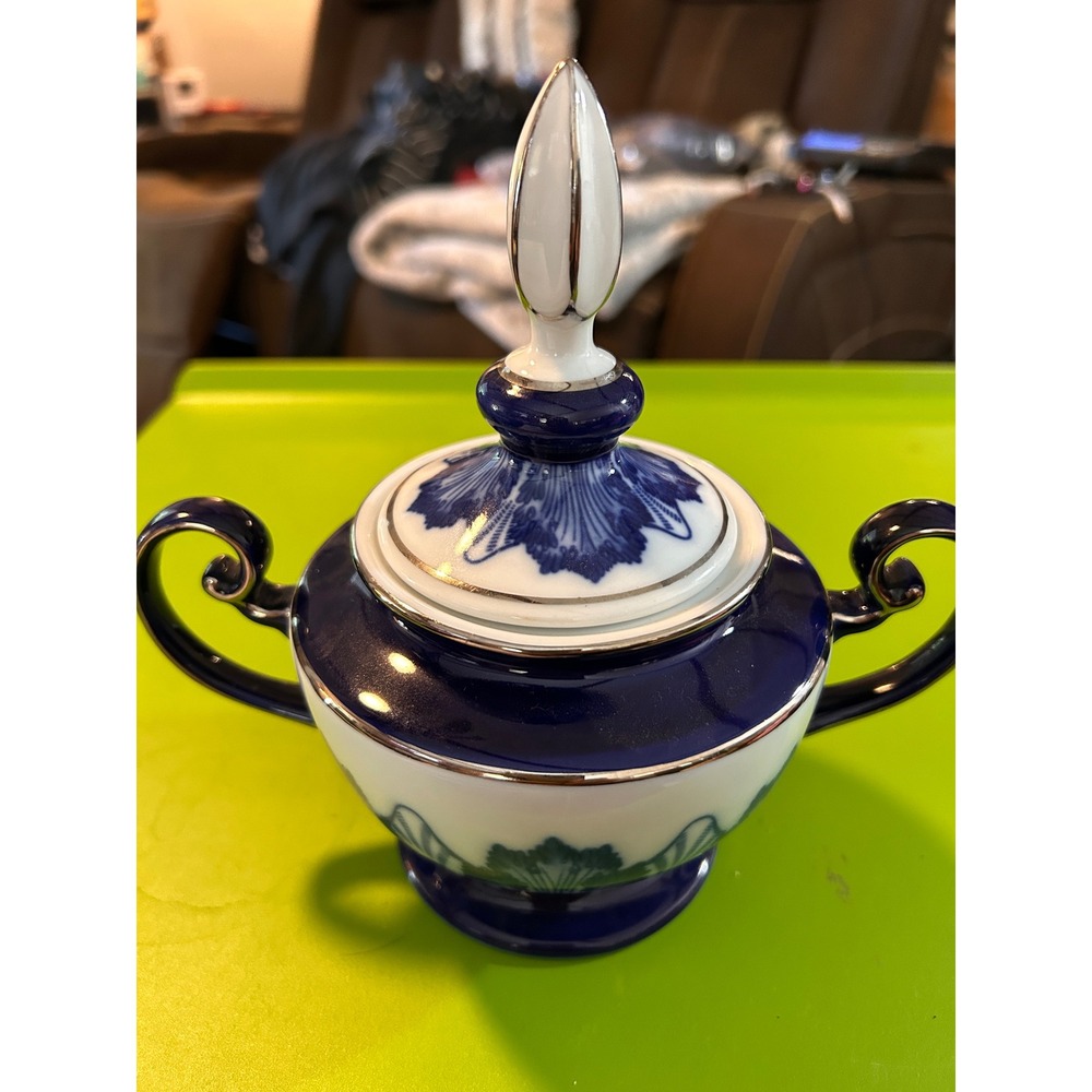 Bombay Company Cobalt Blue White Porcelain Lidded Sugar Bowl Silver Trim Vintage